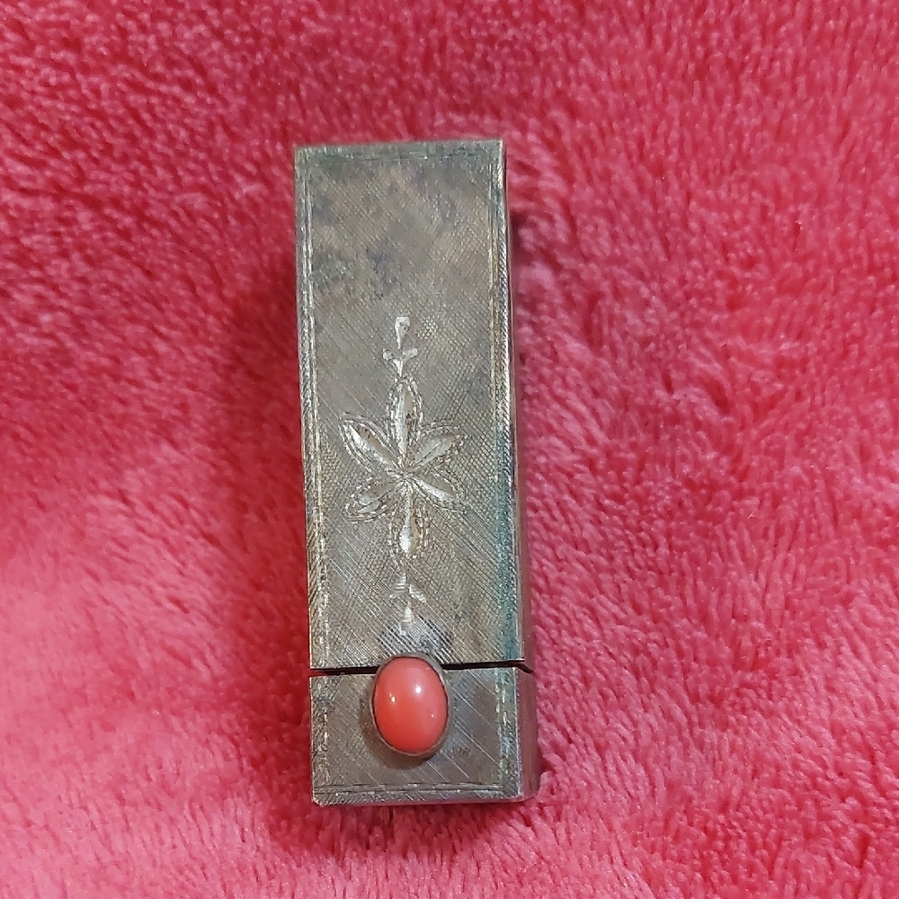 Art Deco .800 Italy Vintage Silver Lipstick Case with Coral Accent